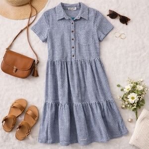 Blue/ White Gingham Seersucker S Sleeve 1/2 Button Tiered Cottage Dress Ladies M